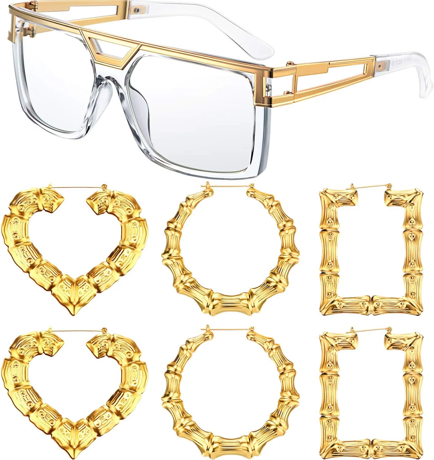 80s/90s Women Hip Hop Costume Kit Rapper DJ Sunglass Bamboo Earings for Girls