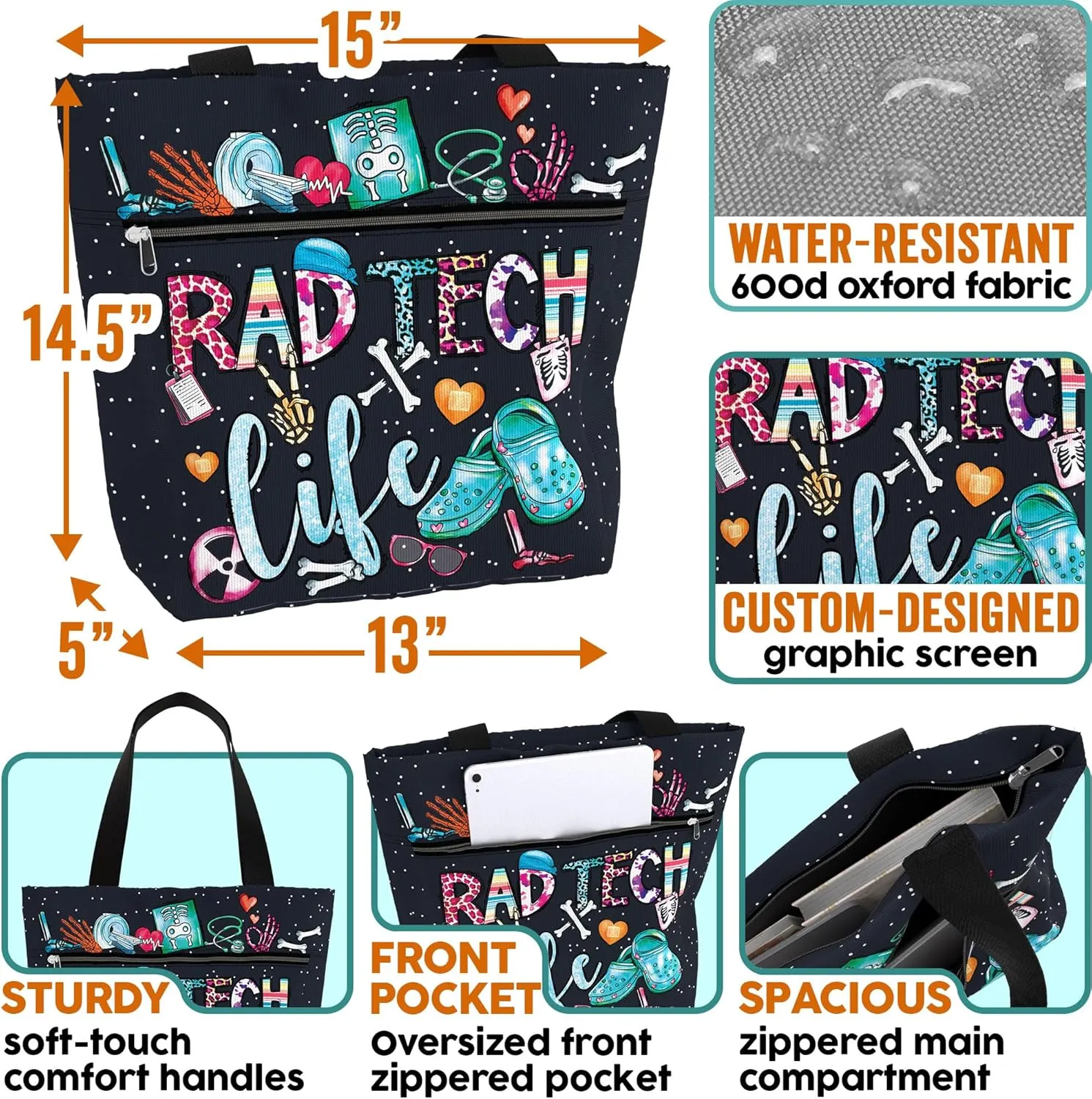 84hoods Large Waterproof Tote Bag with Pockets and Zipper for Work. Gift for Nurse. Shoulder Bag for Women.