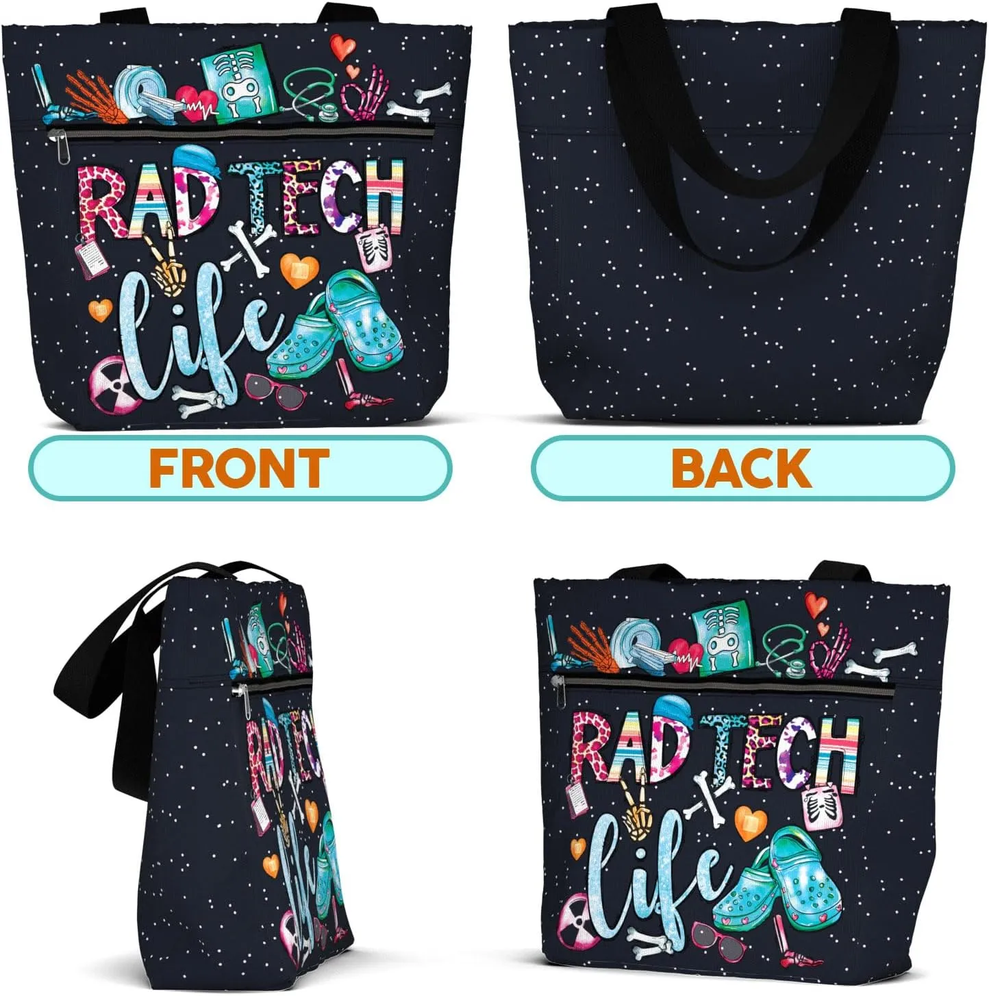 84hoods Large Waterproof Tote Bag with Pockets and Zipper for Work. Gift for Nurse. Shoulder Bag for Women.