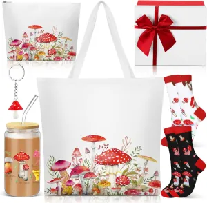 9 Pcs Mushroom Gifts for Women Plant Lover Gifts Stuff 16 OZ Coffee Cups with Straw Lid Brush, Mushroom Keychain, Socks, Tote Bag Cosmetic Bag for Christmas Birthday Gardener (Shiny Mushroom)