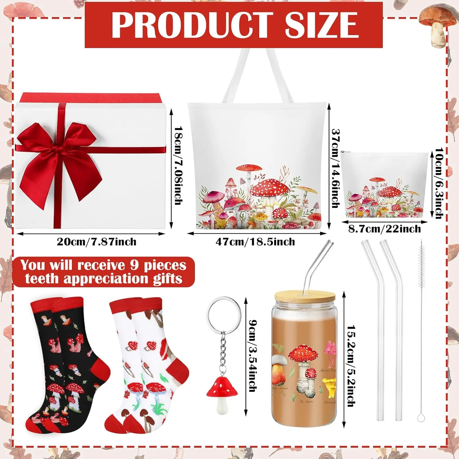 9 Pcs Mushroom Gifts for Women Plant Lover Gifts Stuff 16 OZ Coffee Cups with Straw Lid Brush, Mushroom Keychain, Socks, Tote Bag Cosmetic Bag for Christmas Birthday Gardener (Shiny Mushroom)