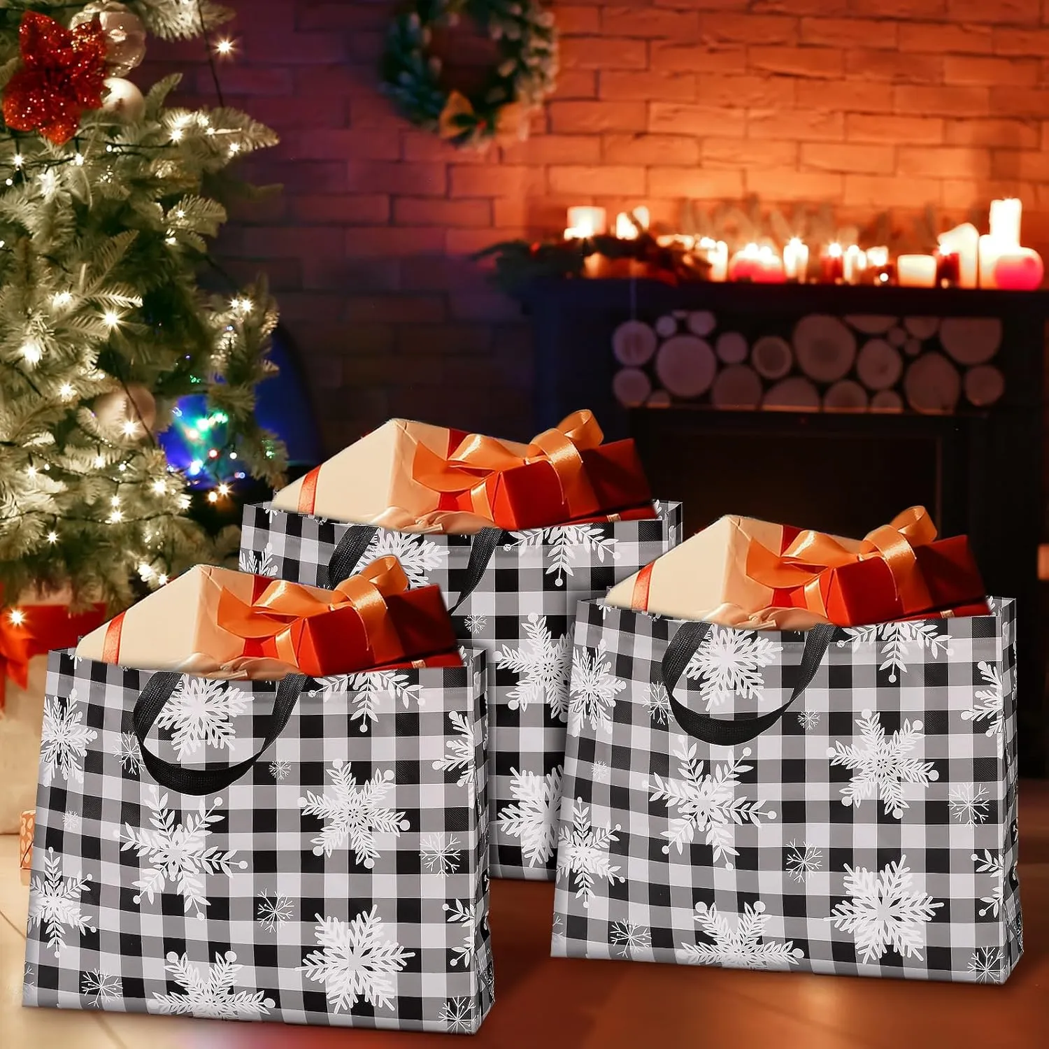 Abbylike 36 Pcs Reusable Christmas Large Gift Bags Bulk Xmas Holiday Plaid Tote Shopping Bags with Handles