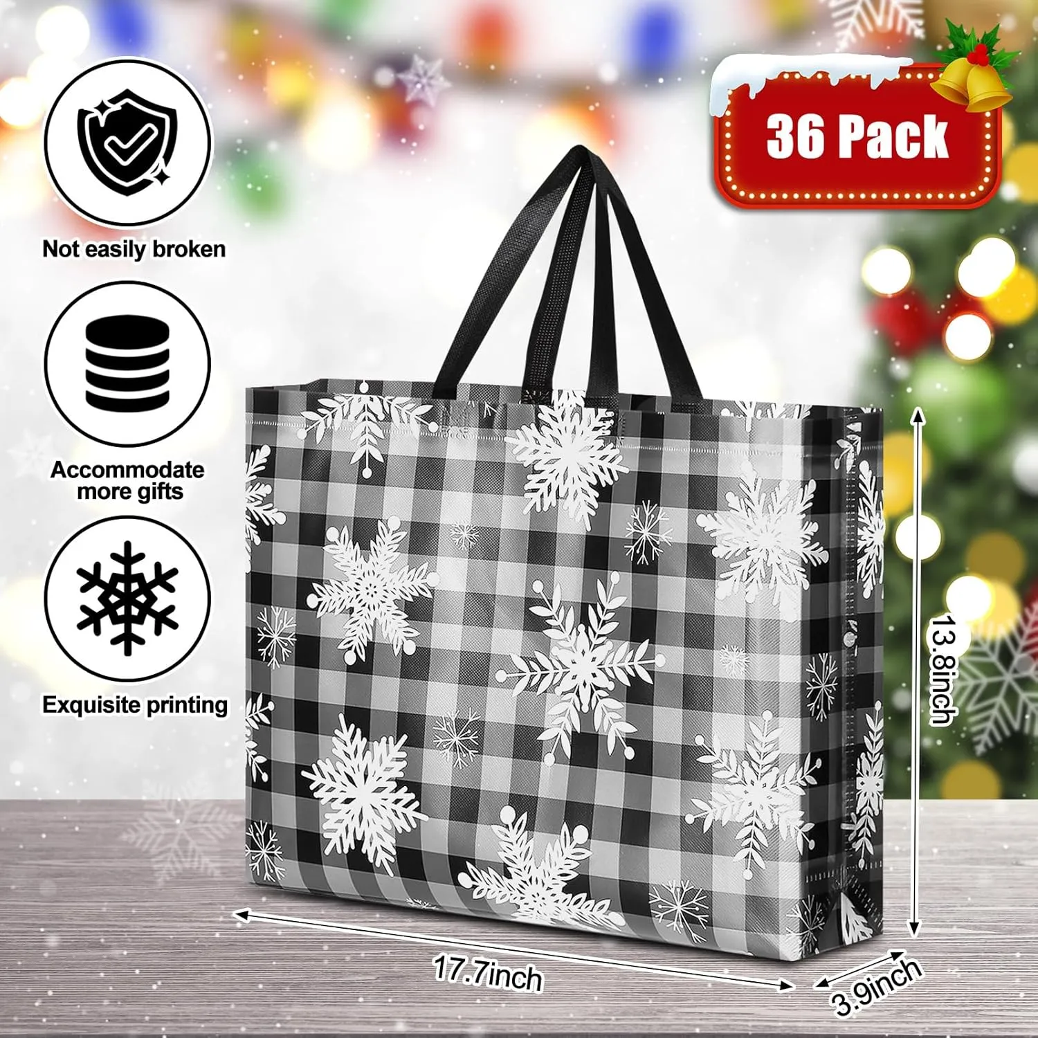 Abbylike 36 Pcs Reusable Christmas Large Gift Bags Bulk Xmas Holiday Plaid Tote Shopping Bags with Handles