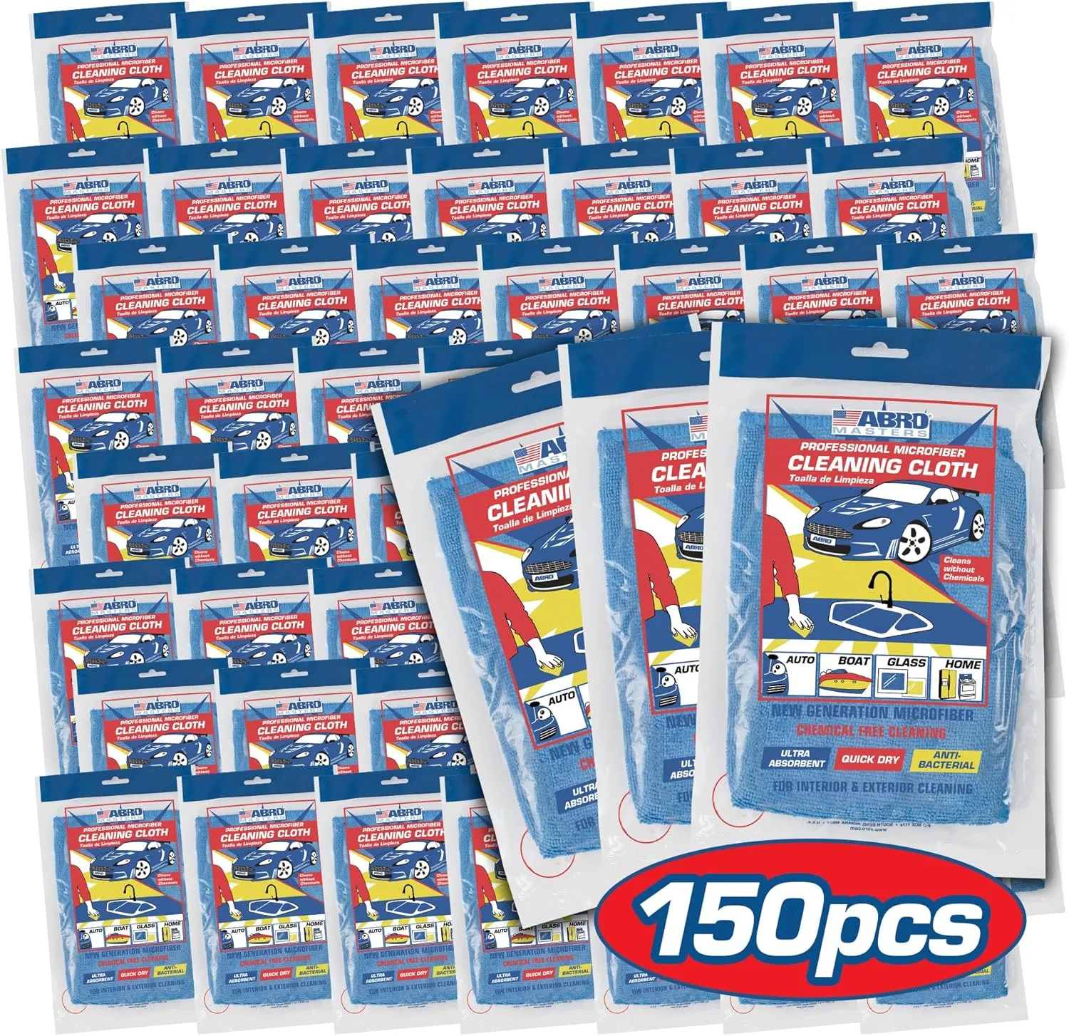 ABRO Masters Microfiber Towels Cleaning, Blue - 40x40cm, Lint-Free Microfiber Rags, Quick Dry, Absorbent Texture, for Interior & Exterior Cleaning Without Chemicals (150)