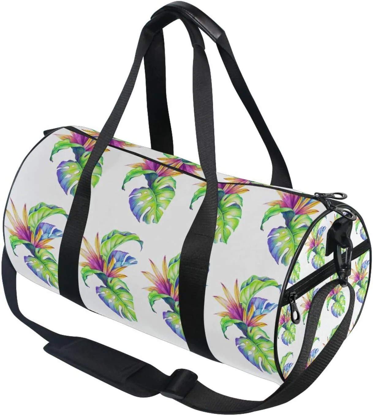 Abstract Tropical Leaves and Flowers, Jungle Plants on White Portable Gym Bag, Travel Bag, Luggage bag, Sports Bag, Toiletry Bag with Handles, Detachable Shoulder Strap 17.6 x 9 x 9 inch