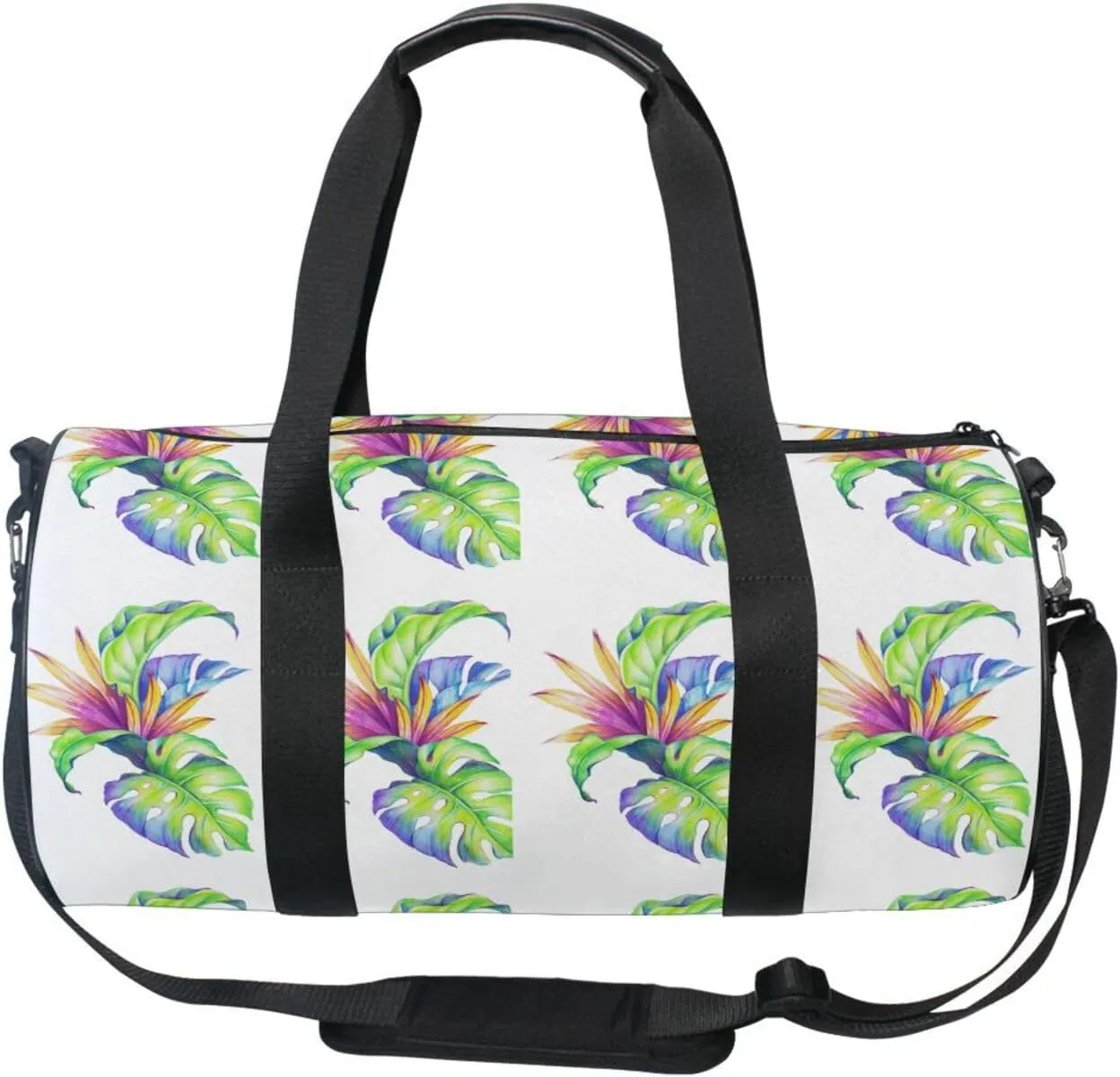 Abstract Tropical Leaves and Flowers, Jungle Plants on White Portable Gym Bag, Travel Bag, Luggage bag, Sports Bag, Toiletry Bag with Handles, Detachable Shoulder Strap 17.6 x 9 x 9 inch