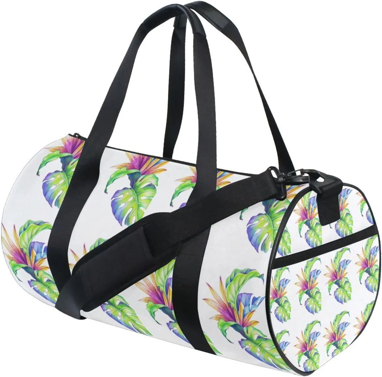 Abstract Tropical Leaves and Flowers, Jungle Plants on White Portable Gym Bag, Travel Bag, Luggage bag, Sports Bag, Toiletry Bag with Handles, Detachable Shoulder Strap 17.6 x 9 x 9 inch