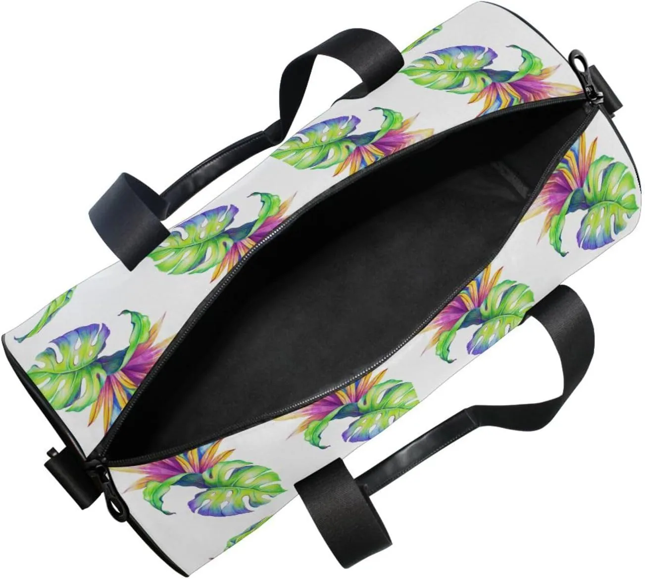 Abstract Tropical Leaves and Flowers, Jungle Plants on White Portable Gym Bag, Travel Bag, Luggage bag, Sports Bag, Toiletry Bag with Handles, Detachable Shoulder Strap 17.6 x 9 x 9 inch