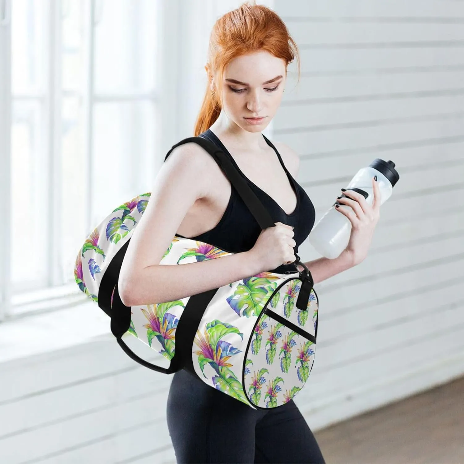 Abstract Tropical Leaves and Flowers, Jungle Plants on White Portable Gym Bag, Travel Bag, Luggage bag, Sports Bag, Toiletry Bag with Handles, Detachable Shoulder Strap 17.6 x 9 x 9 inch