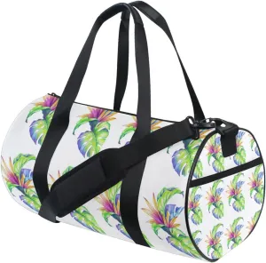 Abstract Tropical Leaves and Flowers, Jungle Plants on White Portable Gym Bag, Travel Bag, Luggage bag, Sports Bag, Toiletry Bag with Handles, Detachable Shoulder Strap 17.6 x 9 x 9 inch