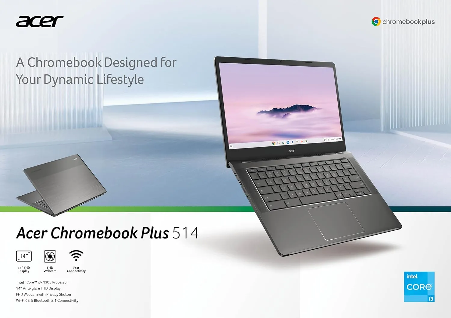 Acer Chromebook Plus 514 Laptop with Google AI – 14" Full HD 1920 x 1080 IPS Touch Display | Intel Core i3-N305 | 8GB LPDDR5 | 128GB SSD | Wi-Fi 6E | FHD Camera | Chrome OS | CB514-4HT-375Z