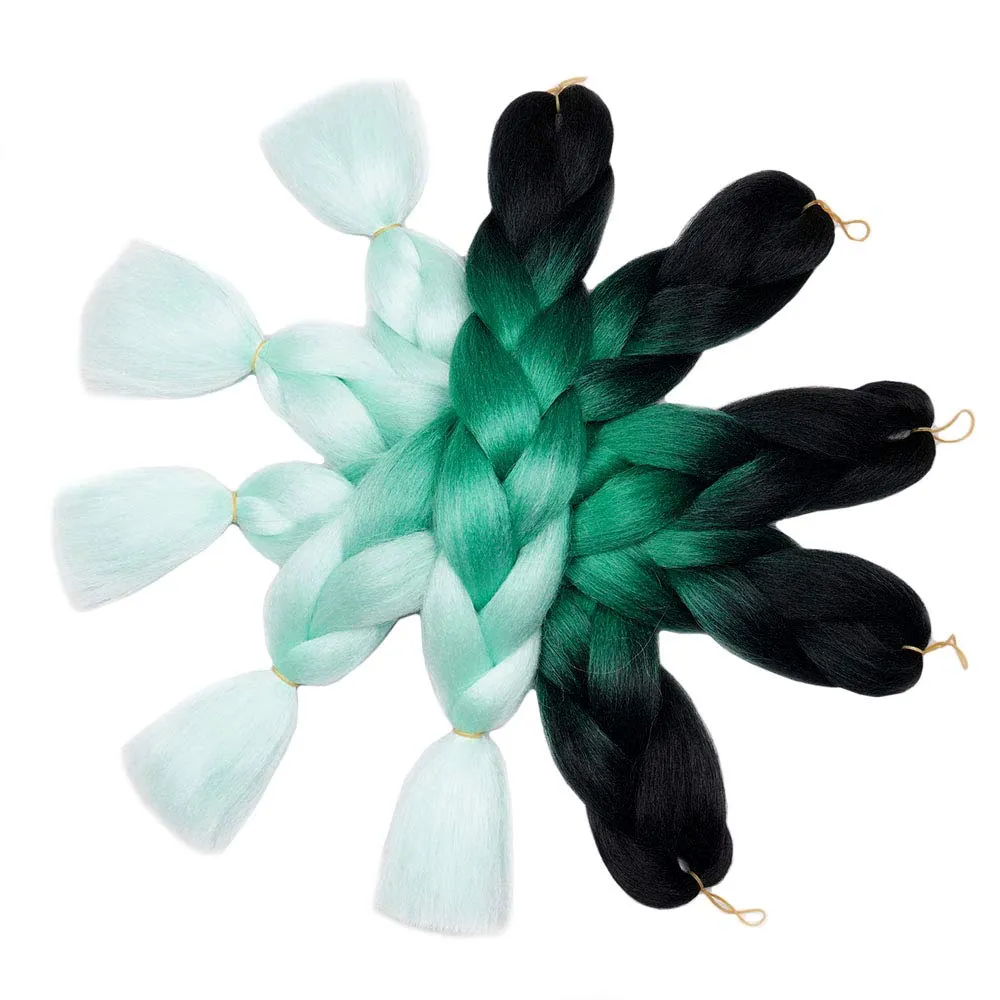 AIDUSA Color Braiding Hair 5pcs Synthetic Braids Hair Extensions 24 Inch Three Tones Braids for Box Braids Twist Crochet Braids 100g (#47 Black to Green)