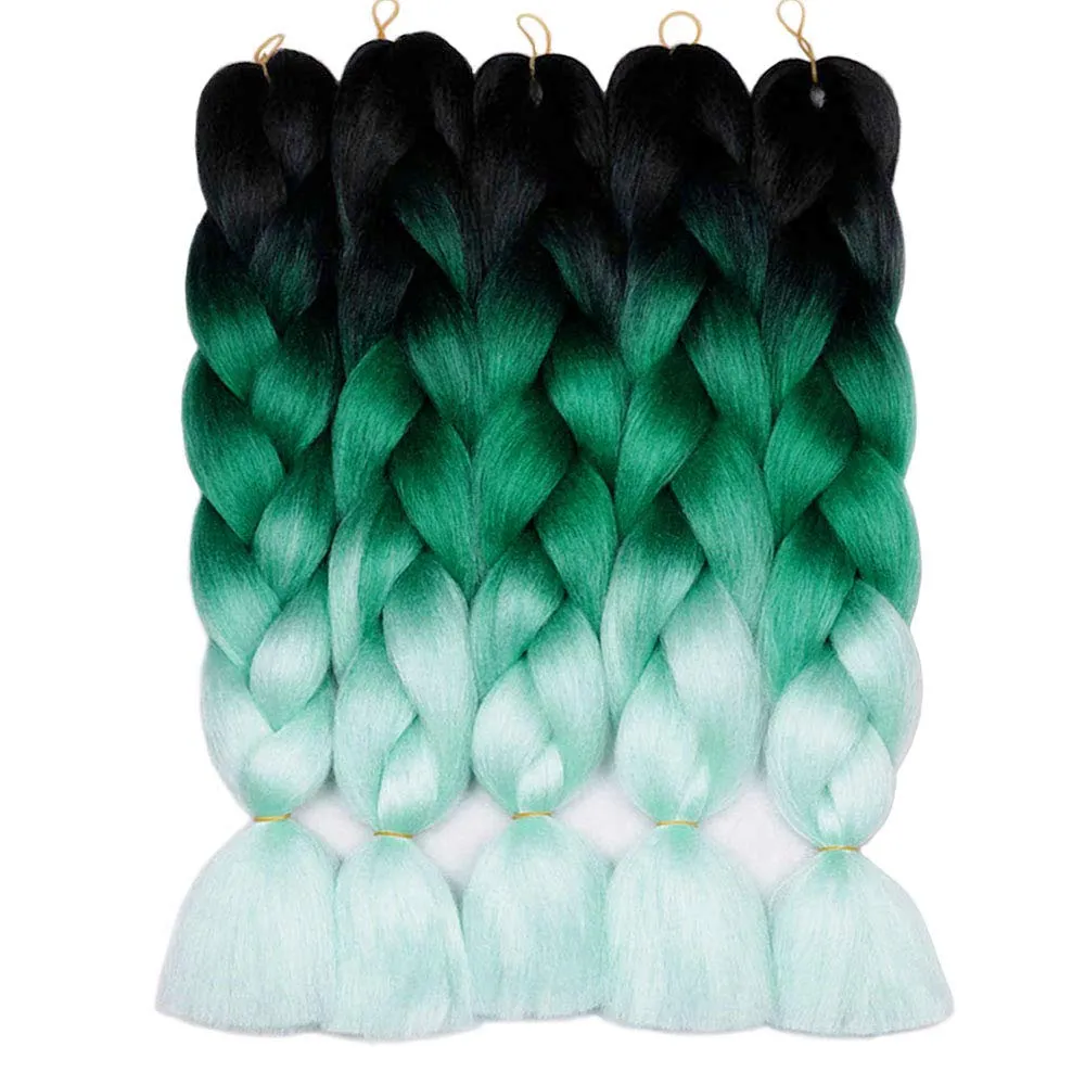 AIDUSA Color Braiding Hair 5pcs Synthetic Braids Hair Extensions 24 Inch Three Tones Braids for Box Braids Twist Crochet Braids 100g (#47 Black to Green)