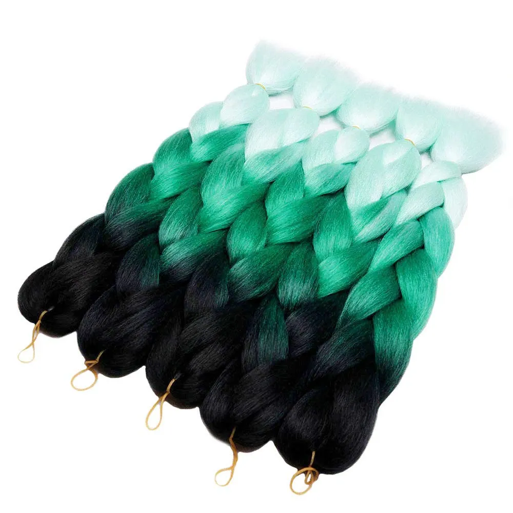AIDUSA Color Braiding Hair 5pcs Synthetic Braids Hair Extensions 24 Inch Three Tones Braids for Box Braids Twist Crochet Braids 100g (#47 Black to Green)