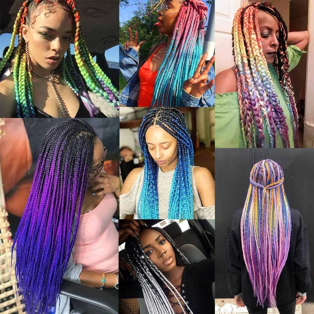 AIDUSA Color Braiding Hair 5pcs Synthetic Braids Hair Extensions 24 Inch Three Tones Braids for Box Braids Twist Crochet Braids 100g (#47 Black to Green)