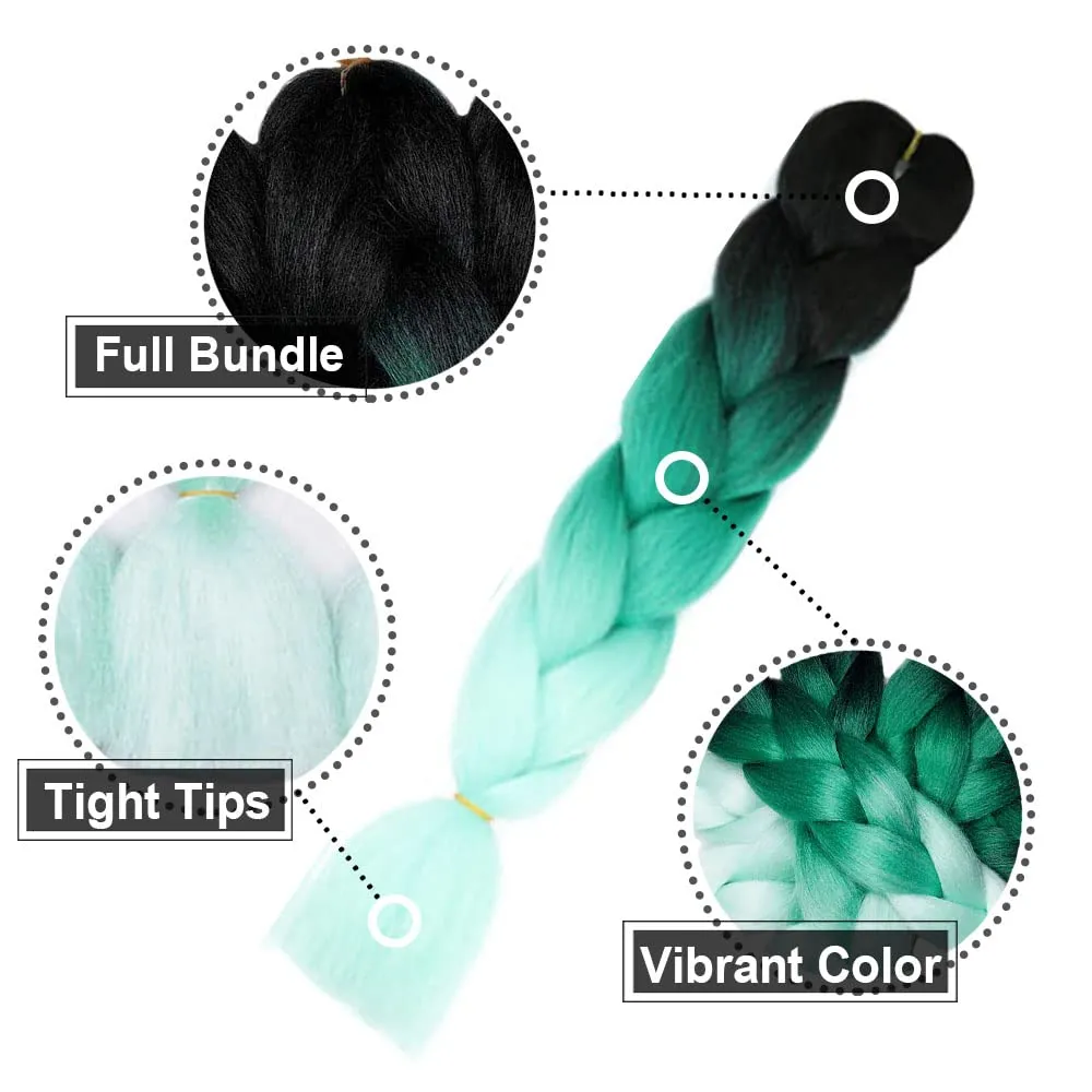 AIDUSA Color Braiding Hair 5pcs Synthetic Braids Hair Extensions 24 Inch Three Tones Braids for Box Braids Twist Crochet Braids 100g (#47 Black to Green)