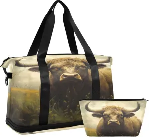 ALAZA Highland Cow Scotland Cattle Travel Duffel Bag for Women Men Sports Gym Bag with Shoe Compartment Tote Weekender Overnight Bag with Wet Pocket for Travel, Gym,Yoga,Swimming