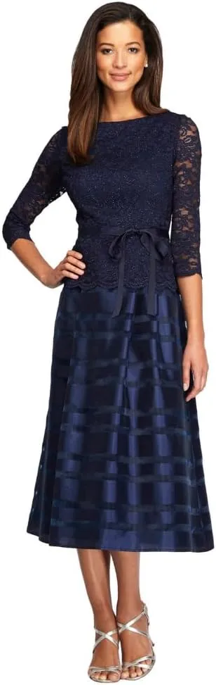 Alex Evenings Women's Tea-Length A-Line Dress with Tie Belt