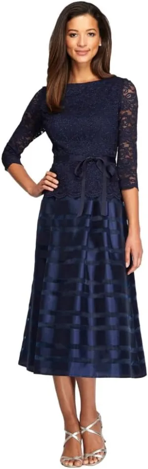 Alex Evenings Women's Tea-Length A-Line Dress with Tie Belt