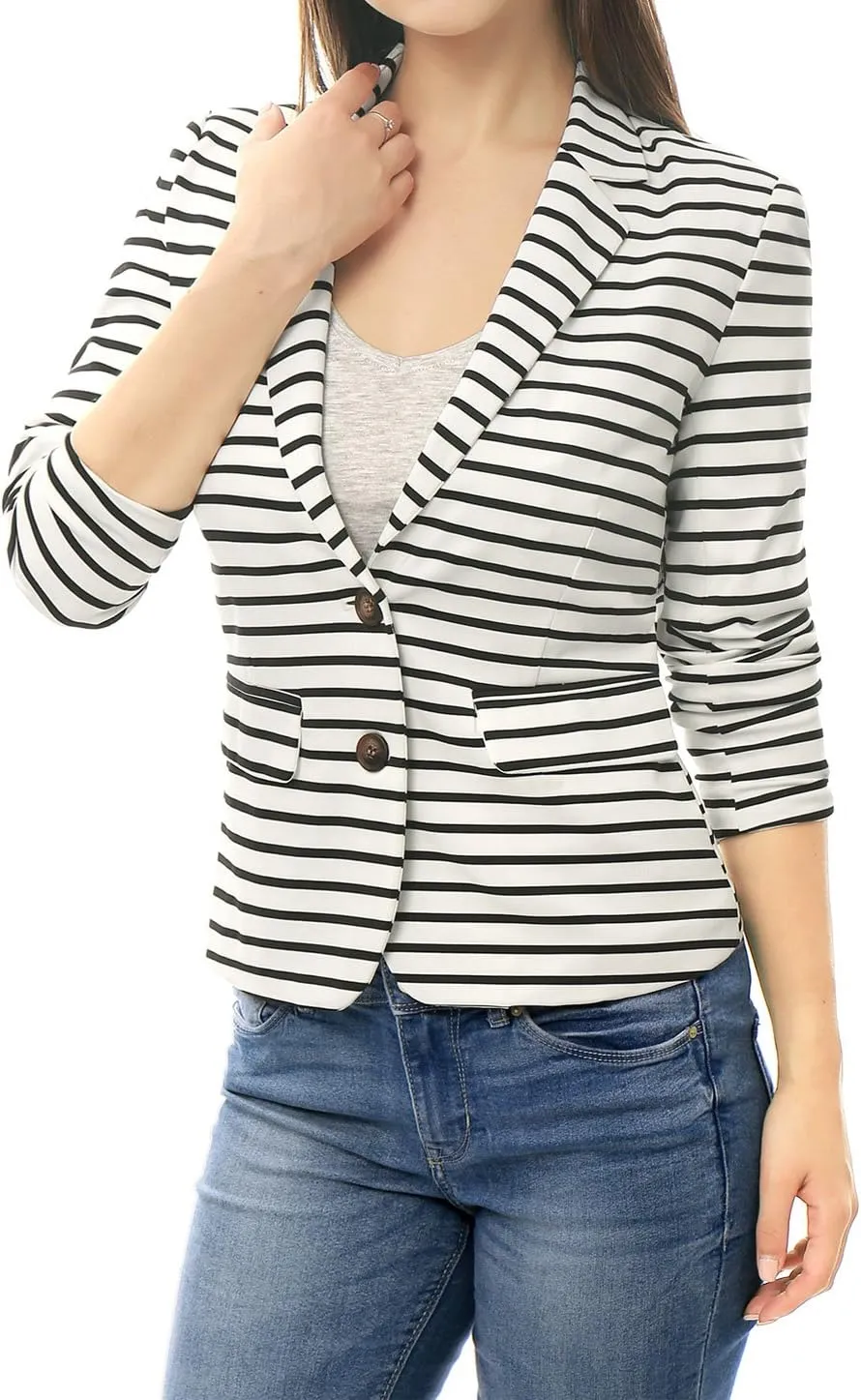 Allegra K Women's Notched Lapel Pocket Button Closure Striped Blazer