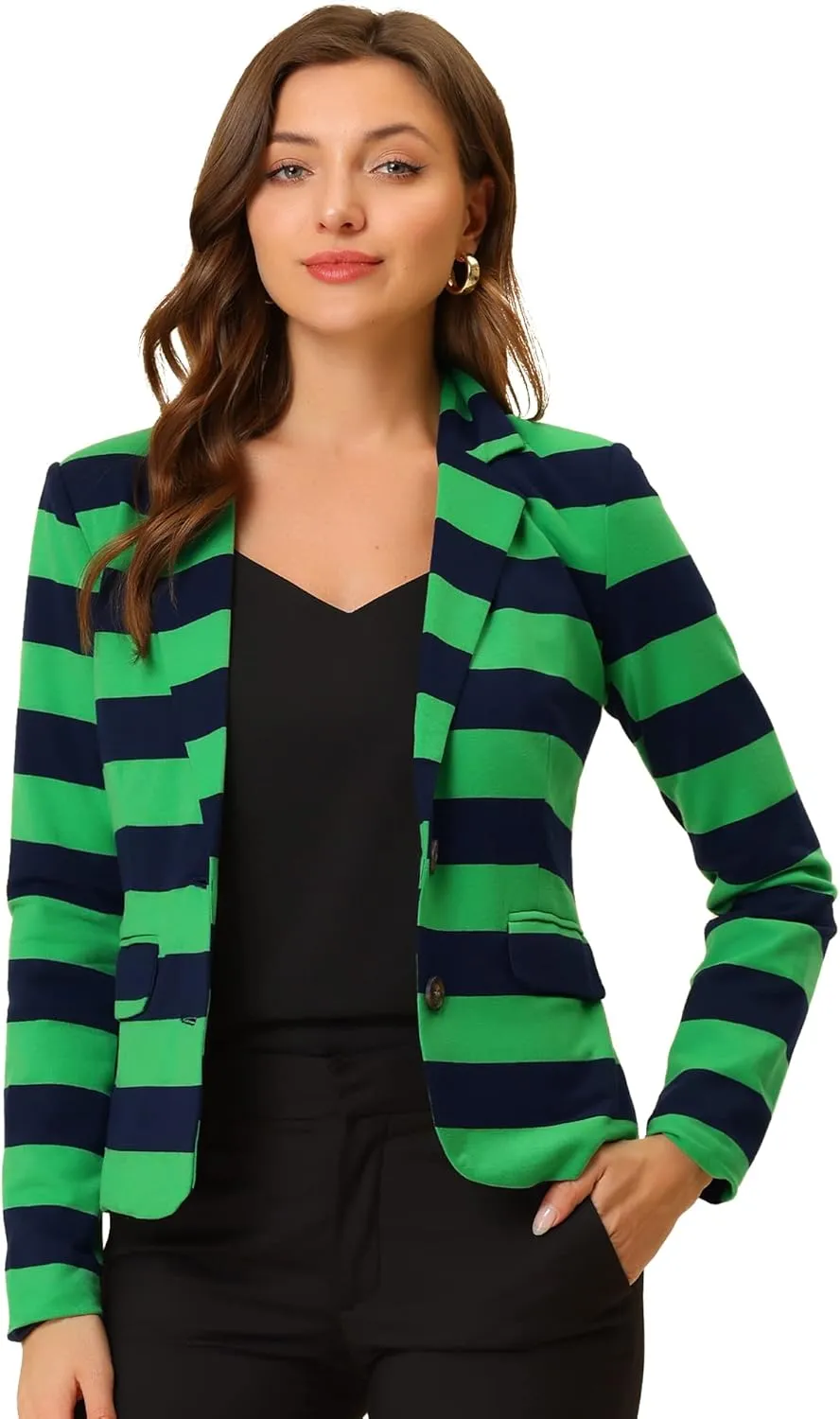 Allegra K Women's Notched Lapel Pocket Button Closure Striped Blazer