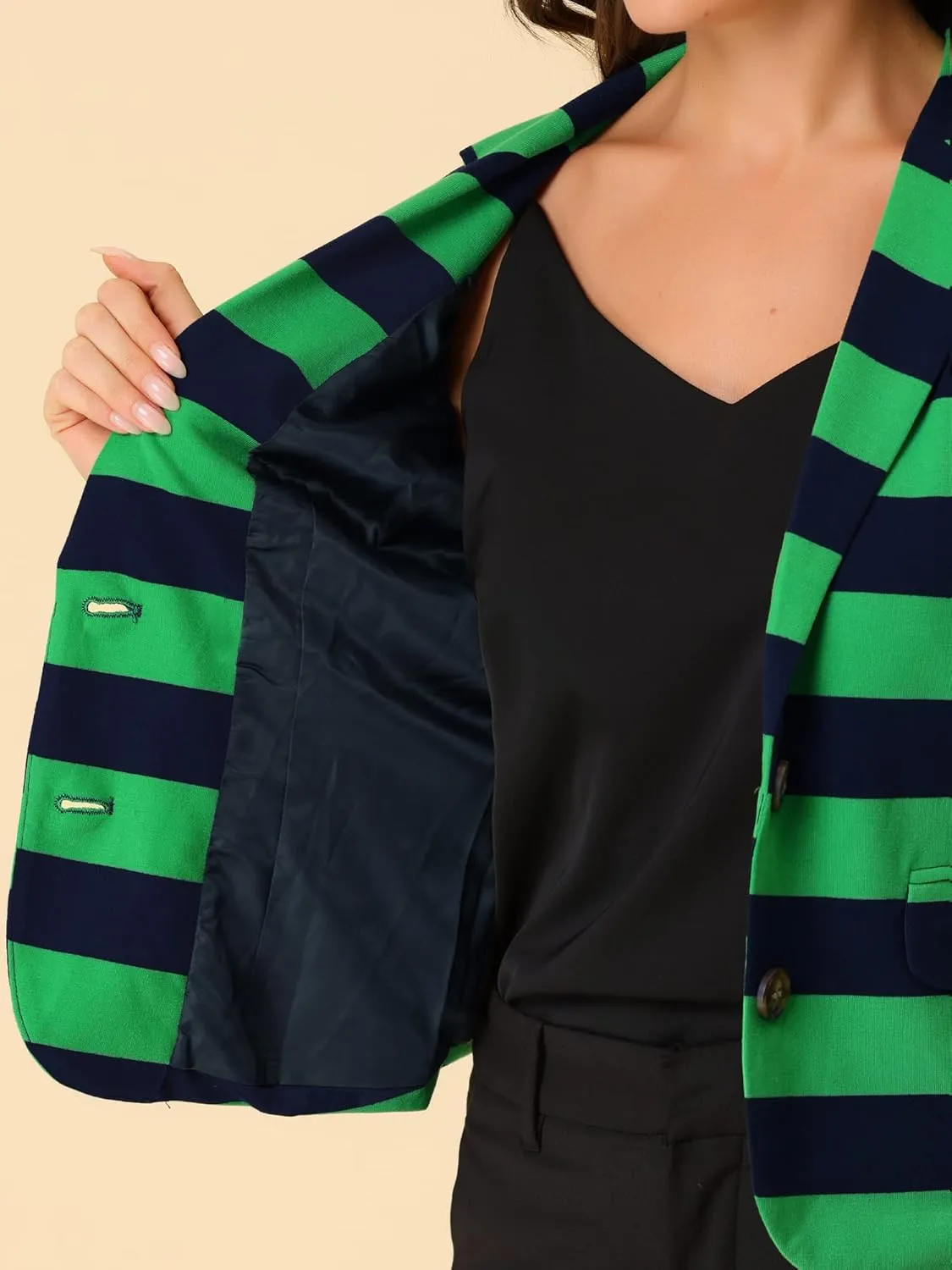Allegra K Women's Notched Lapel Pocket Button Closure Striped Blazer