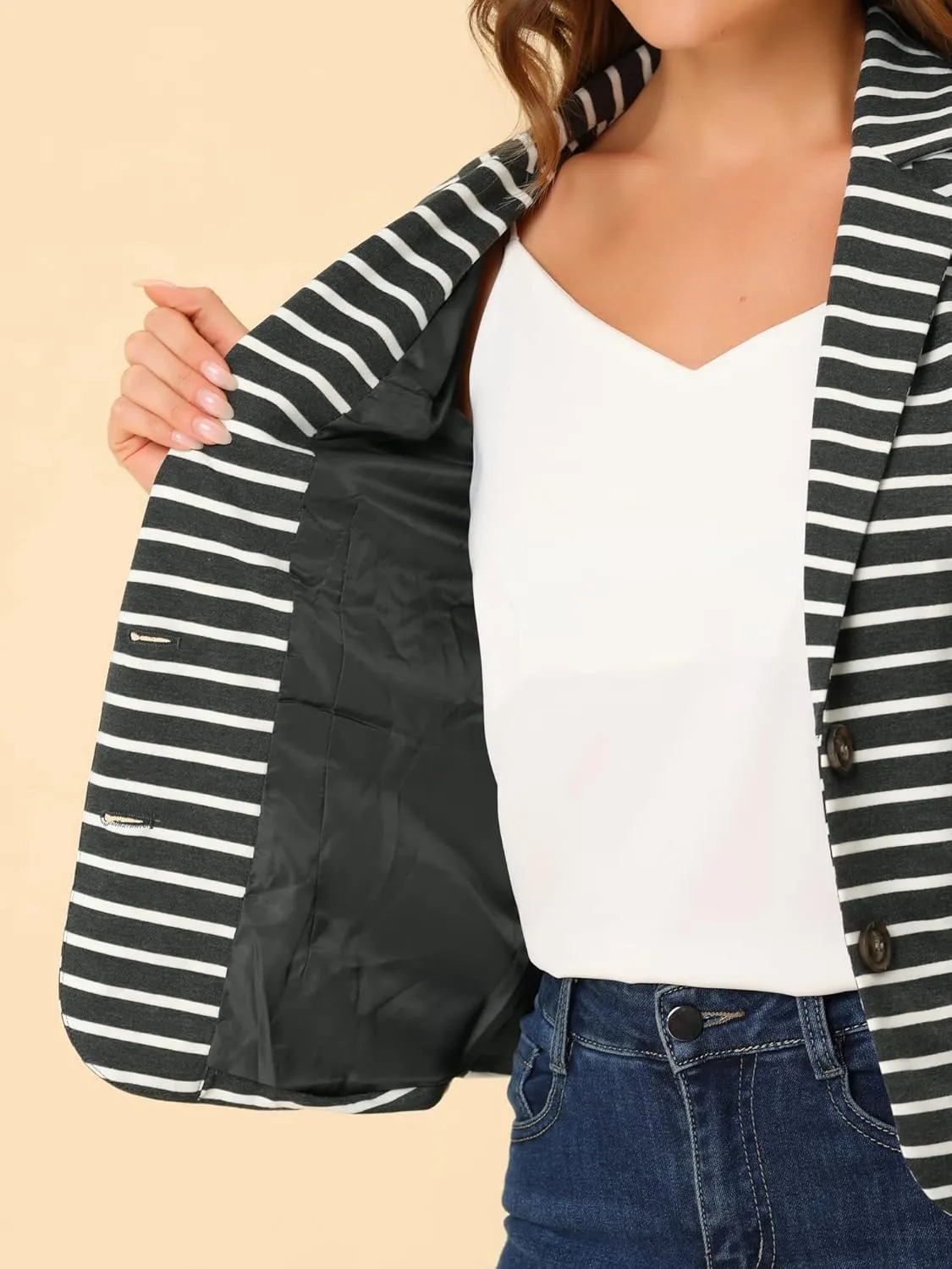 Allegra K Women's Notched Lapel Pocket Button Closure Striped Blazer