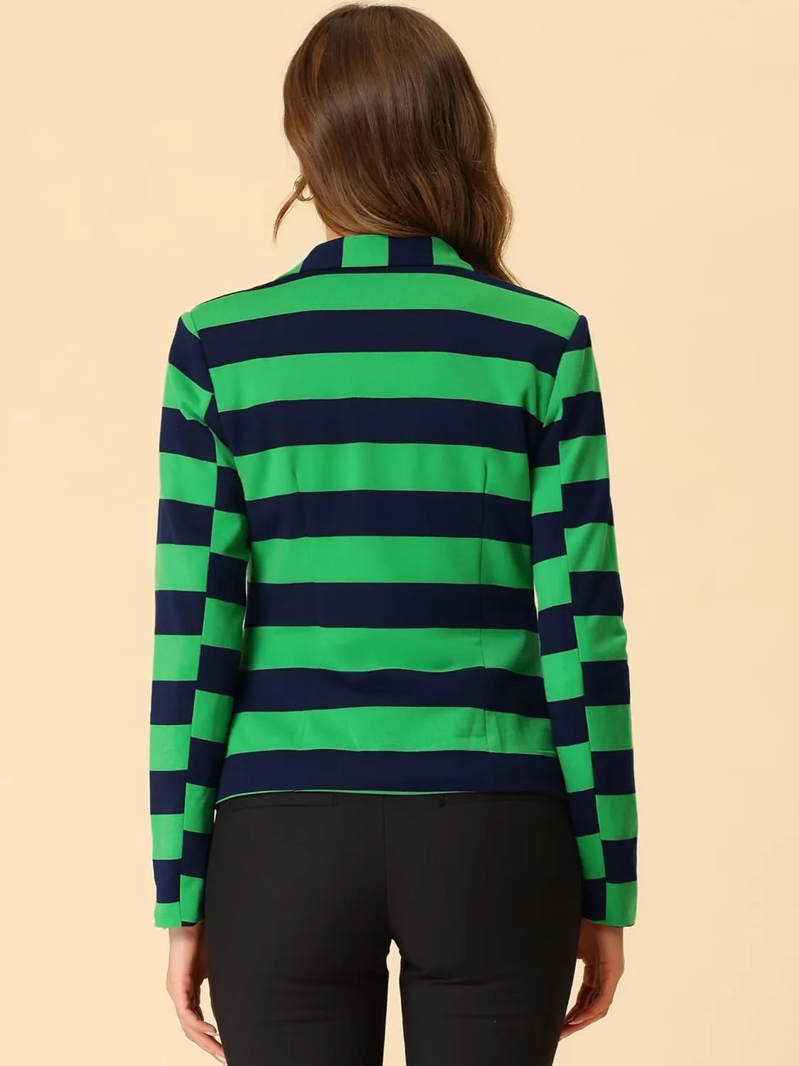 Allegra K Women's Notched Lapel Pocket Button Closure Striped Blazer