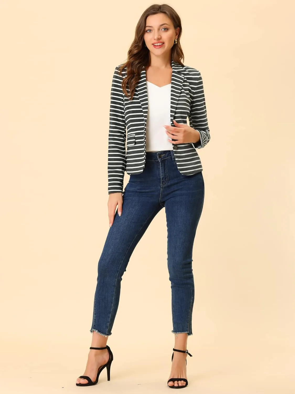 Allegra K Women's Notched Lapel Pocket Button Closure Striped Blazer