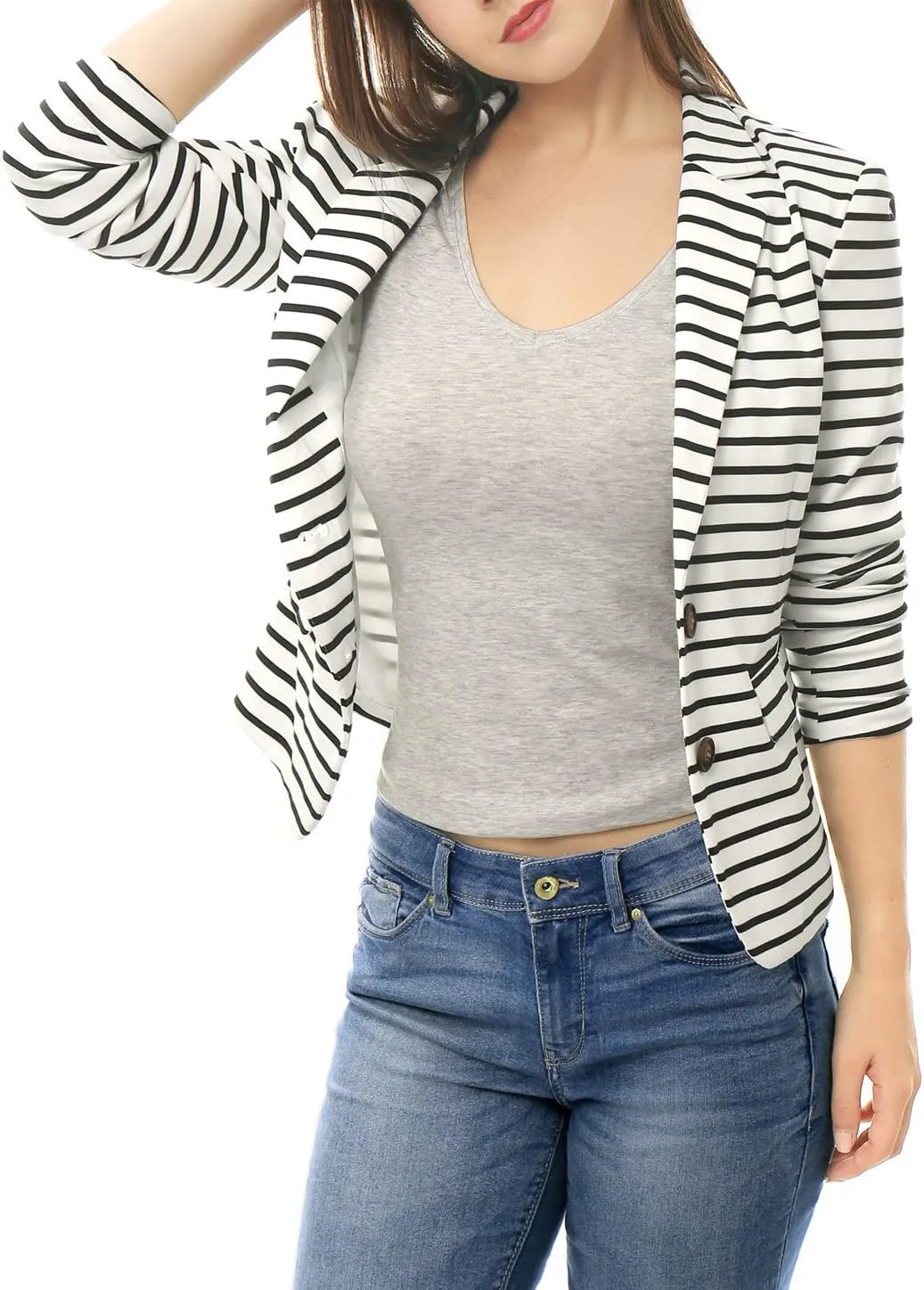 Allegra K Women's Notched Lapel Pocket Button Closure Striped Blazer