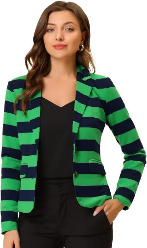 Allegra K Women's Notched Lapel Pocket Button Closure Striped Blazer