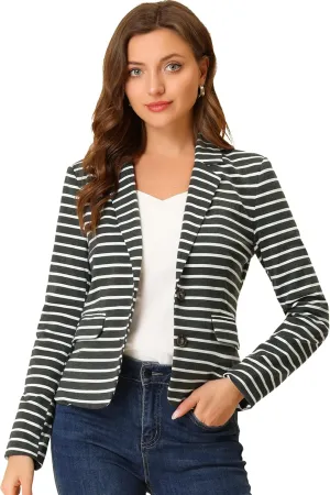 Allegra K Women's Notched Lapel Pocket Button Closure Striped Blazer