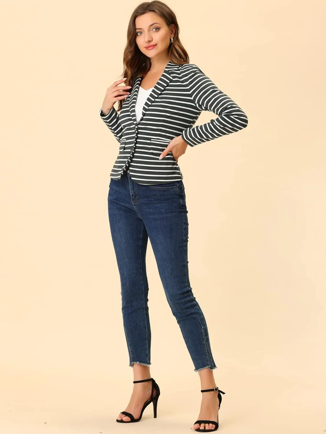 Allegra K Women's Notched Lapel Pocket Button Closure Striped Blazer