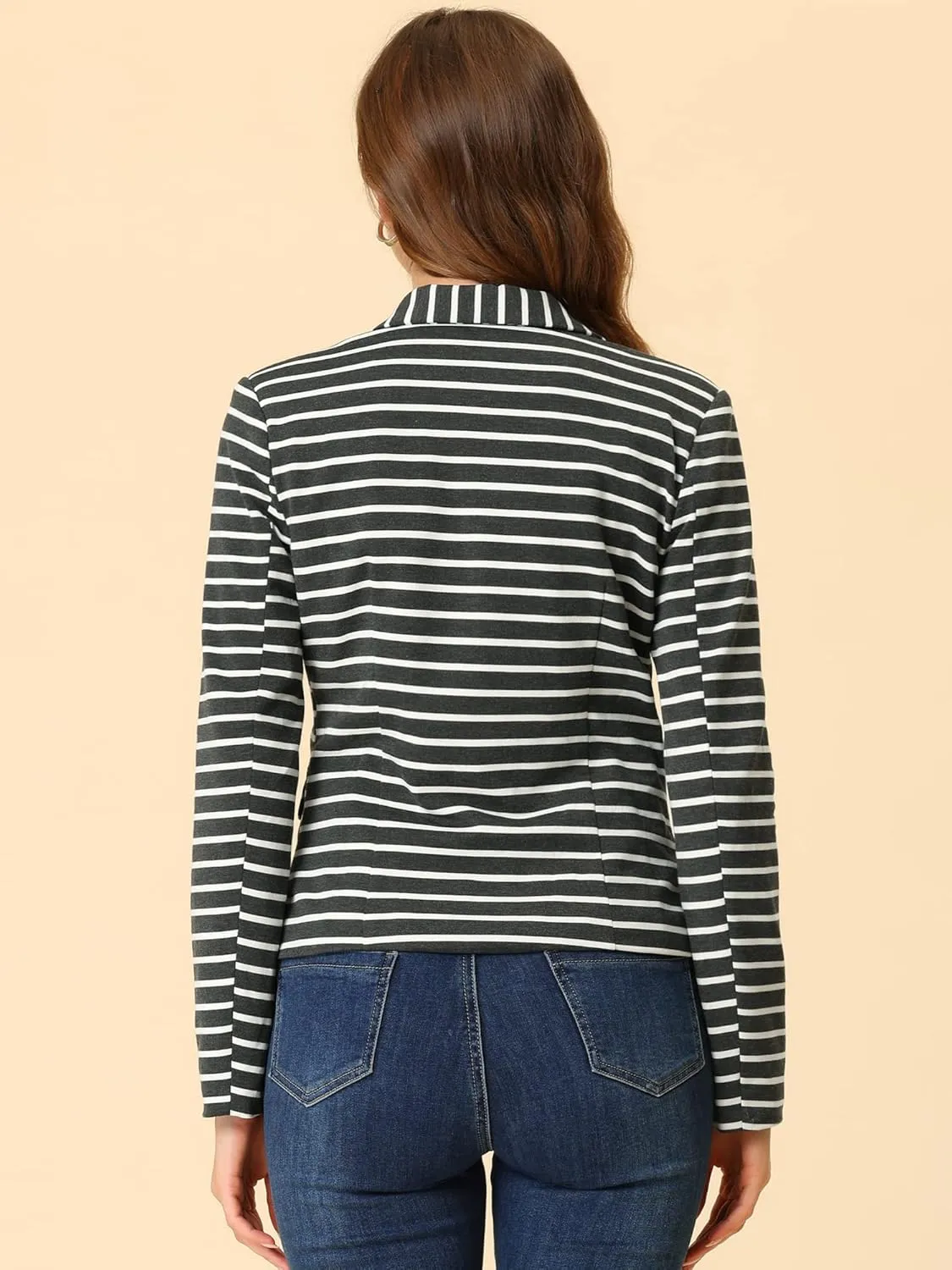Allegra K Women's Notched Lapel Pocket Button Closure Striped Blazer