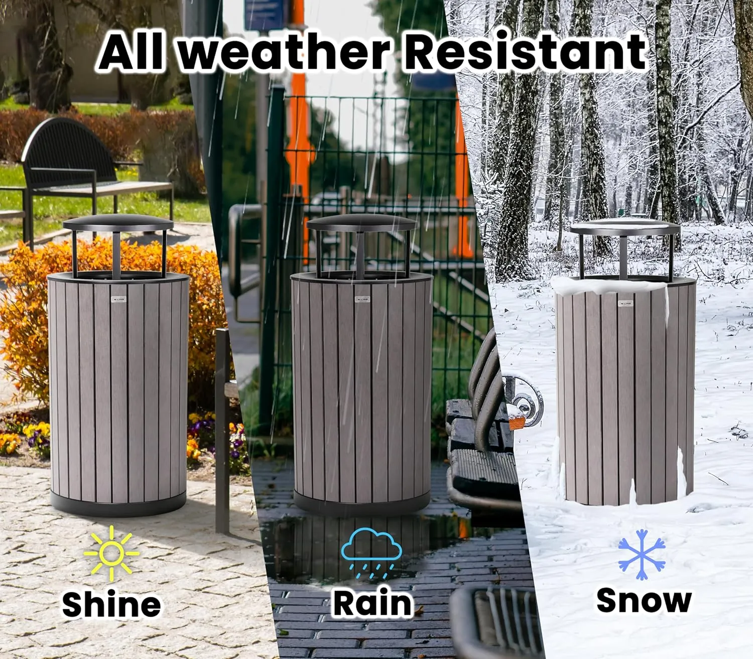 Alpine 32 Gallon Commercial Outdoor Trash Can - Heavy Duty Garbage Can Outdoor, Industrial Trash Can with Plastic Panels for Patio, Parks, Trails & Resorts (Rain Bonnet Lid - Grey)