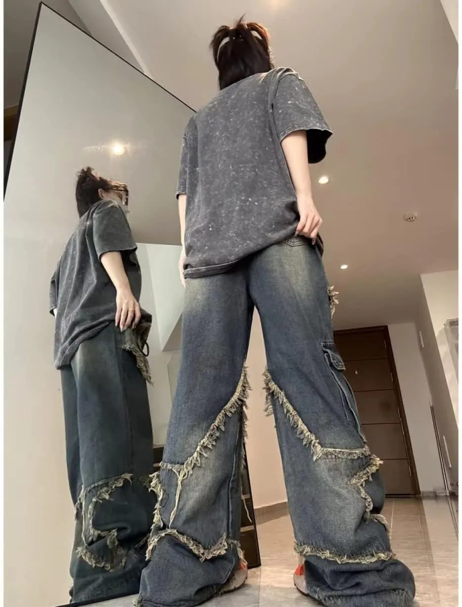 American Vintage Men's Jeans Star Embroidery Multi Pocket Jeans Men's Loose Wide Leg Straight Leg Pants