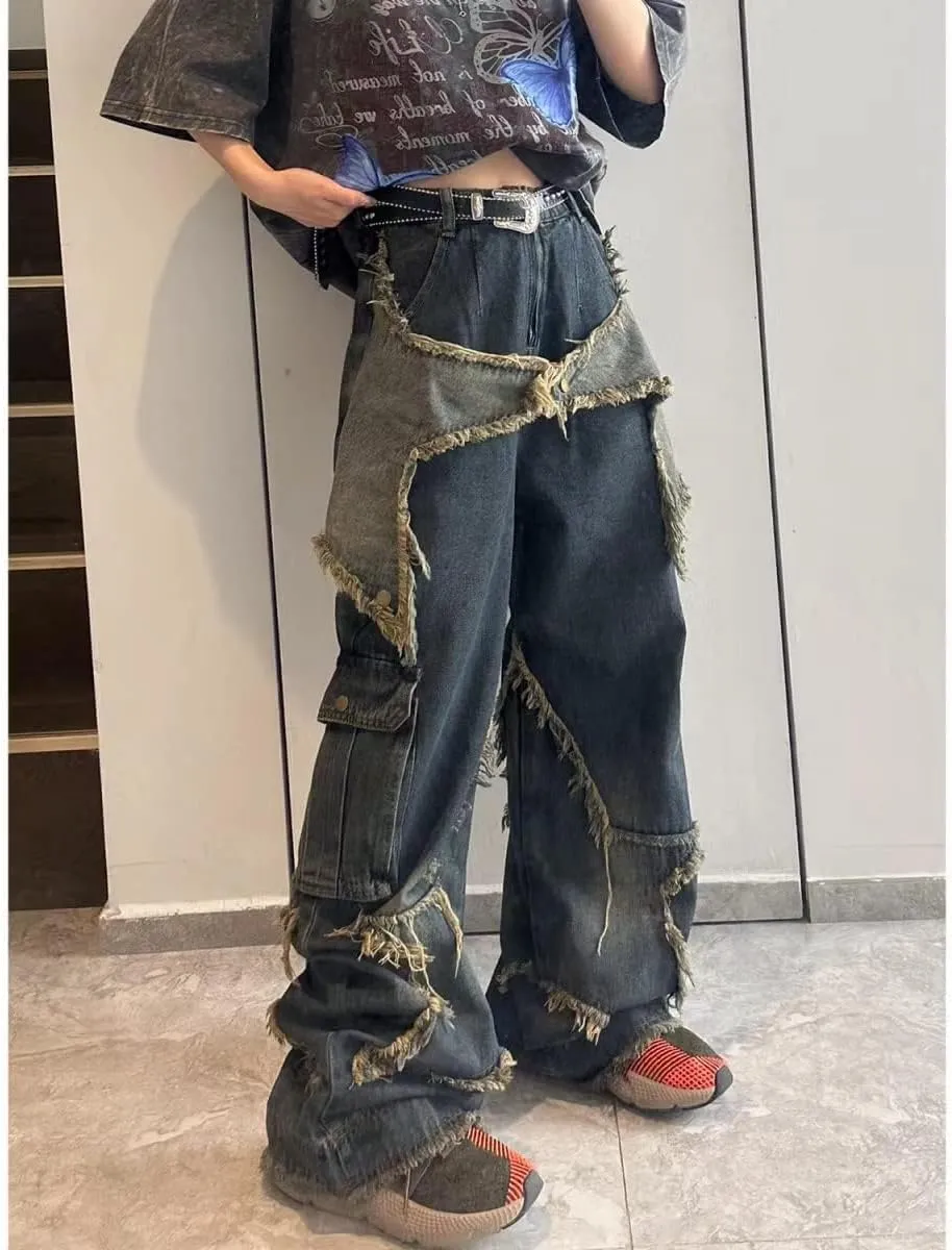 American Vintage Men's Jeans Star Embroidery Multi Pocket Jeans Men's Loose Wide Leg Straight Leg Pants