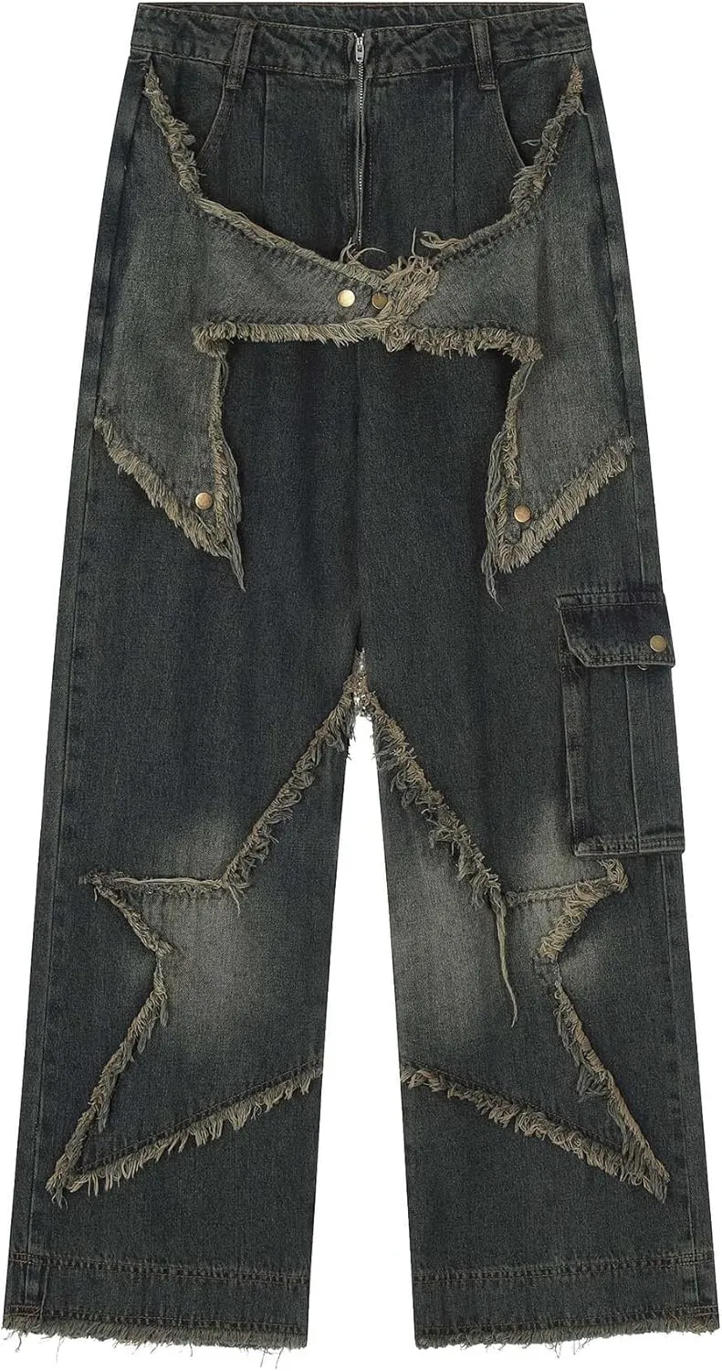 American Vintage Men's Jeans Star Embroidery Multi Pocket Jeans Men's Loose Wide Leg Straight Leg Pants