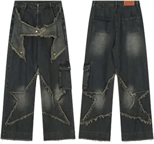 American Vintage Men's Jeans Star Embroidery Multi Pocket Jeans Men's Loose Wide Leg Straight Leg Pants