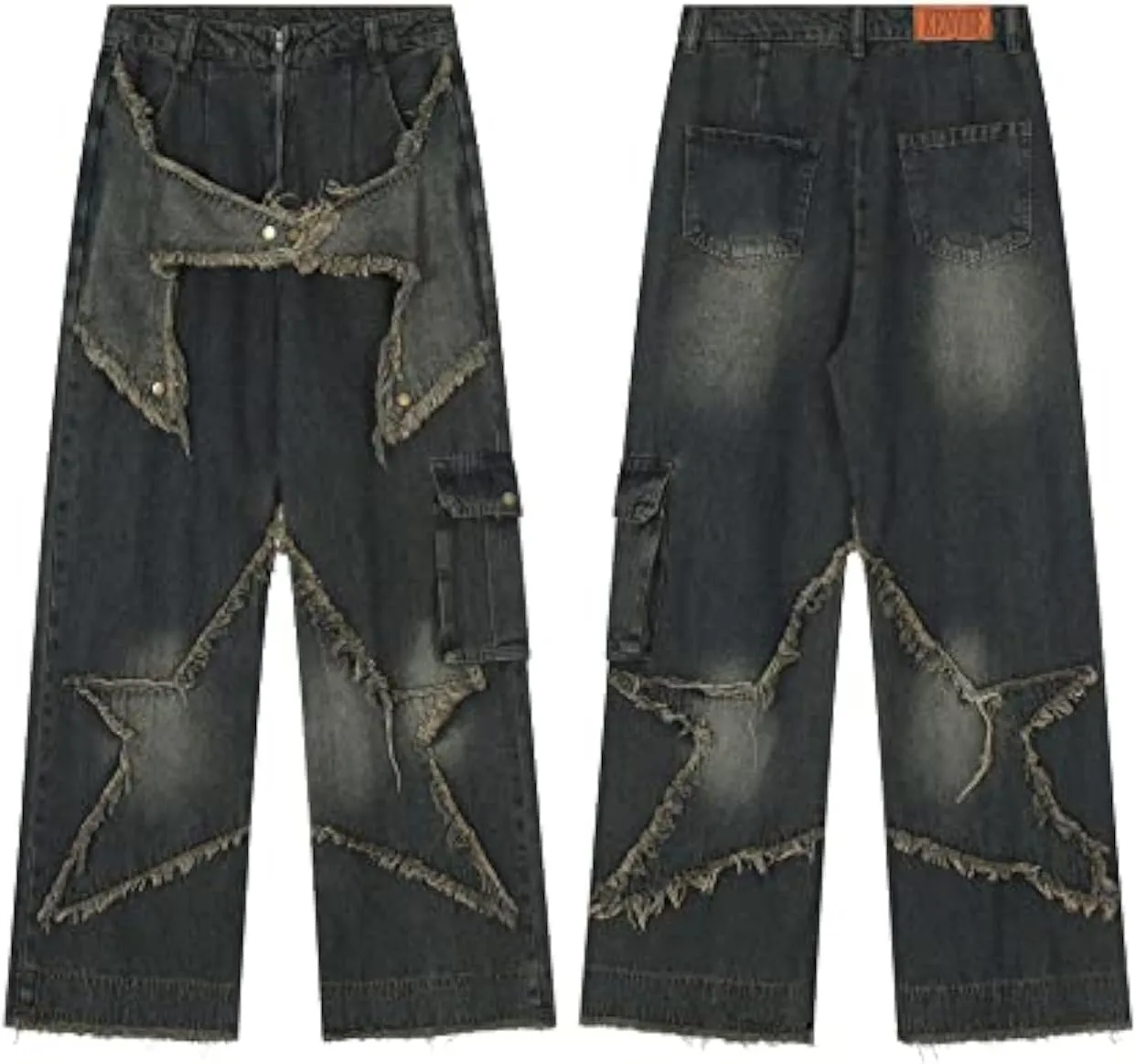 American Vintage Men's Jeans Star Embroidery Multi Pocket Jeans Men's Loose Wide Leg Straight Leg Pants