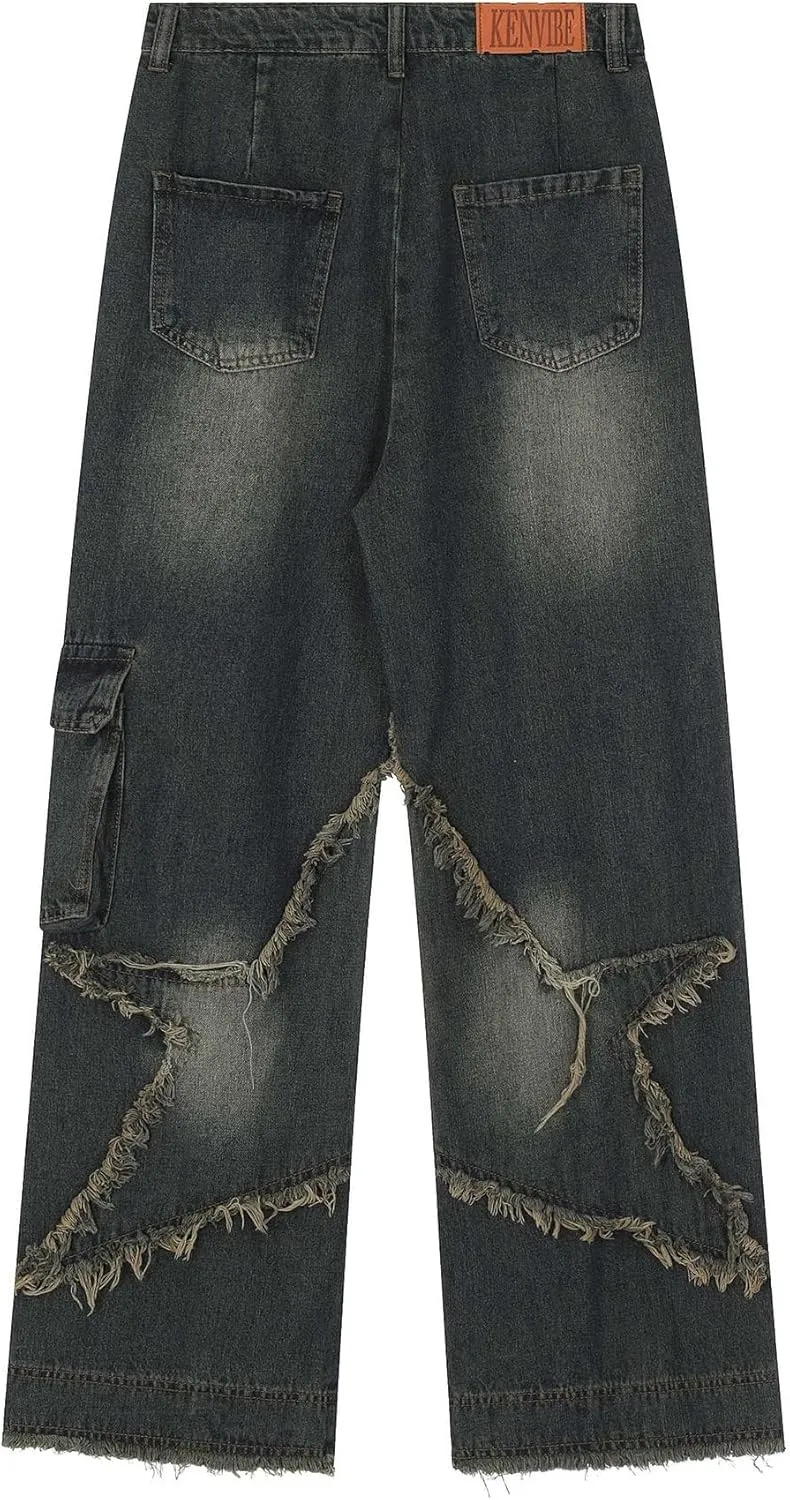 American Vintage Men's Jeans Star Embroidery Multi Pocket Jeans Men's Loose Wide Leg Straight Leg Pants