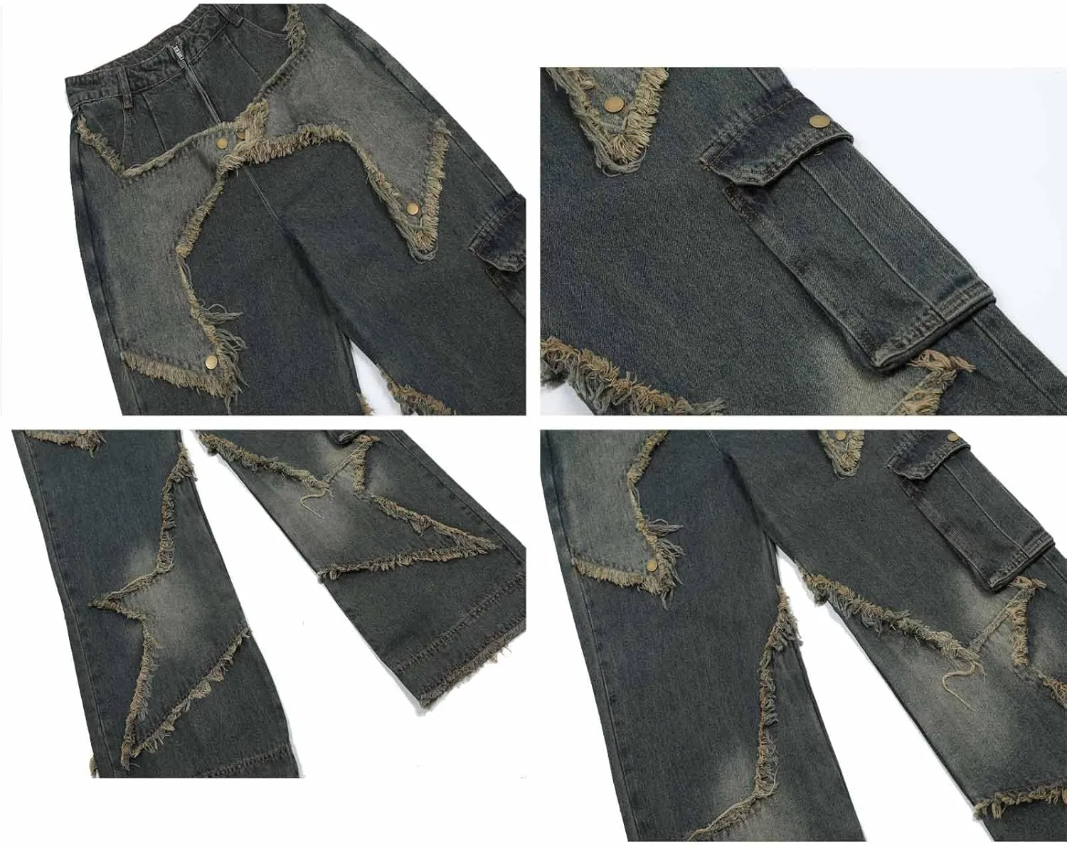 American Vintage Men's Jeans Star Embroidery Multi Pocket Jeans Men's Loose Wide Leg Straight Leg Pants