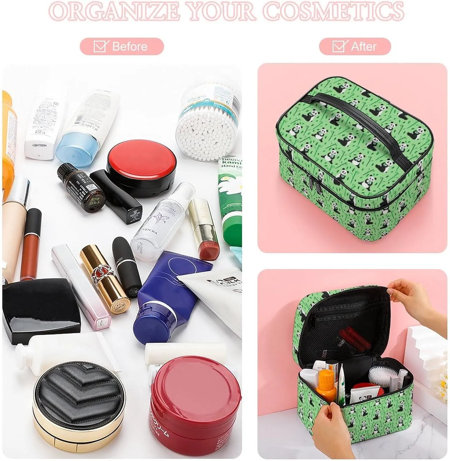 Anime Animal Cute Pandas Travel Makeup Bag For Women Cosmetic Bags Organizer With Soft Handle Compartments Mens Big Capacity Skincare Toiletry Bag Camping Wedding Make Up Pouch