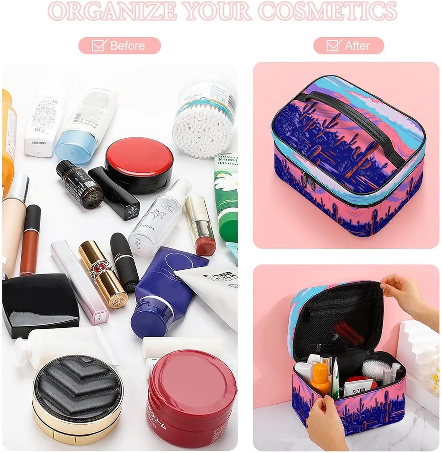 Anime Cactus Purple Poster Makeup Bags For Women Travel Cosmetic Bag Large Waterproof Skincare Toiletry Bags With Handle Cosmetic Organizer Portable Make Up Box For Wedding Party