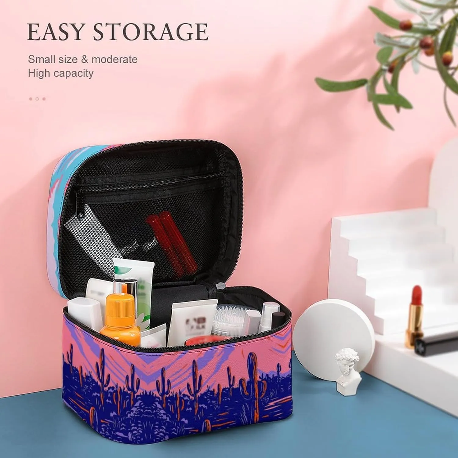 Anime Cactus Purple Poster Makeup Bags For Women Travel Cosmetic Bag Large Waterproof Skincare Toiletry Bags With Handle Cosmetic Organizer Portable Make Up Box For Wedding Party
