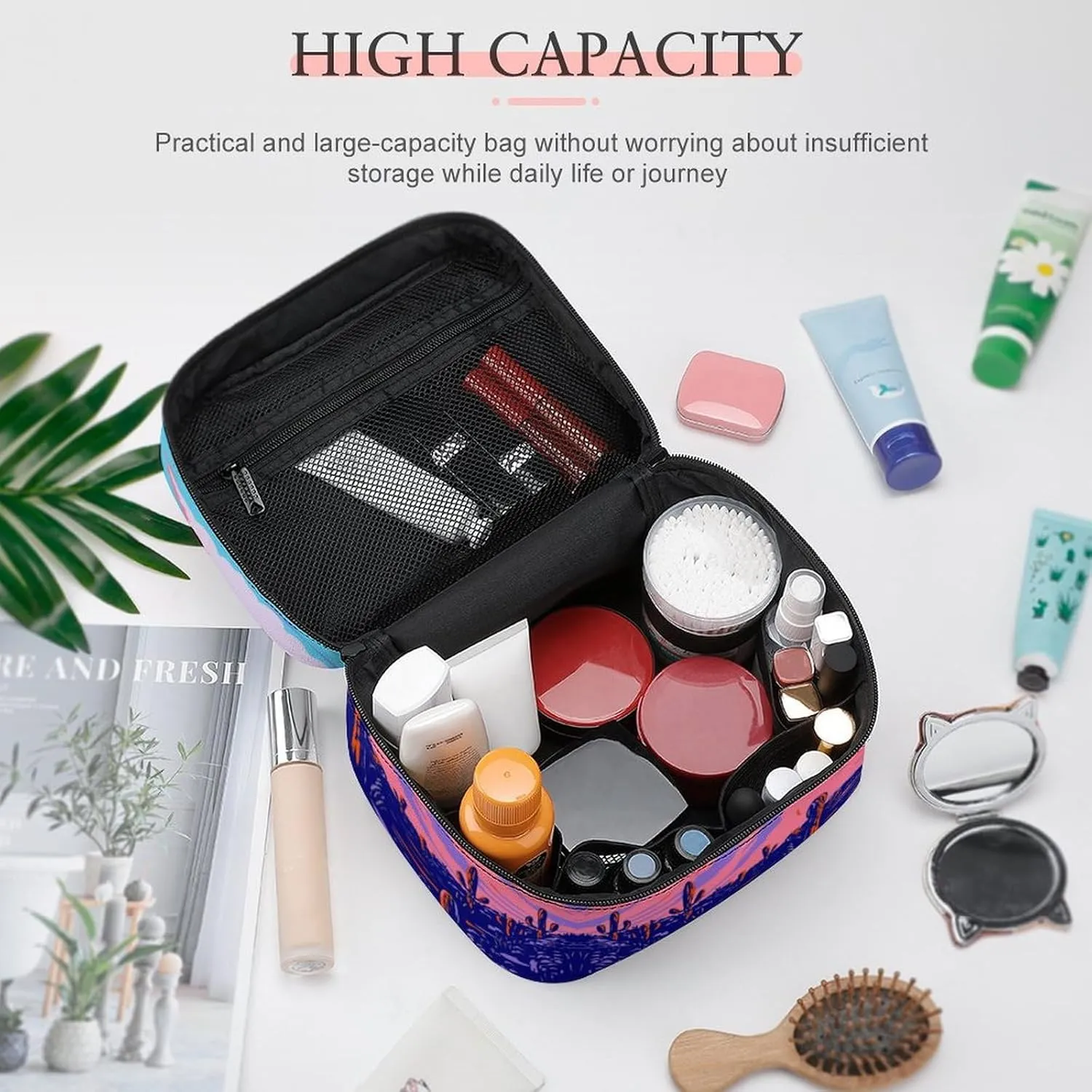 Anime Cactus Purple Poster Makeup Bags For Women Travel Cosmetic Bag Large Waterproof Skincare Toiletry Bags With Handle Cosmetic Organizer Portable Make Up Box For Wedding Party