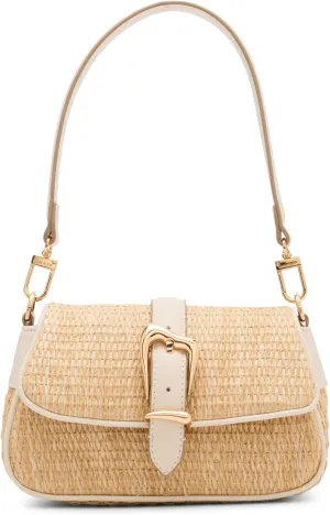 Anne Klein Womens Sculpted Buckle Flap Shoulder Bag, Parchment