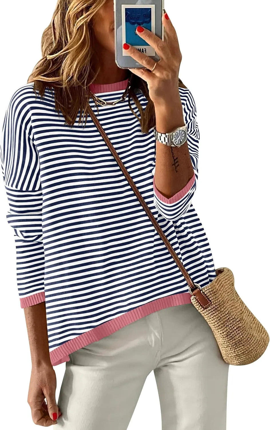 ANRABESS Womens Sweaters Striped Color Block Long Sleeve Crewneck Casual Loose Knitted Pullover Shirts 2025 Fall Trendy Tops