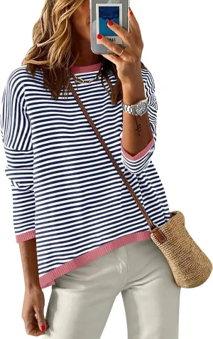 ANRABESS Womens Sweaters Striped Color Block Long Sleeve Crewneck Casual Loose Knitted Pullover Shirts 2025 Fall Trendy Tops