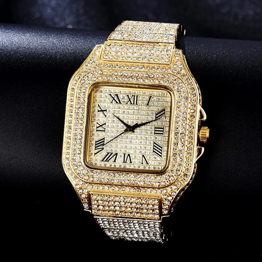 Apzzic Diamond Watch Iced Out CZ Cuban Link Watch Gold Plated Square Dial Quartz Wristband Analog Wrist Watch for Men Women